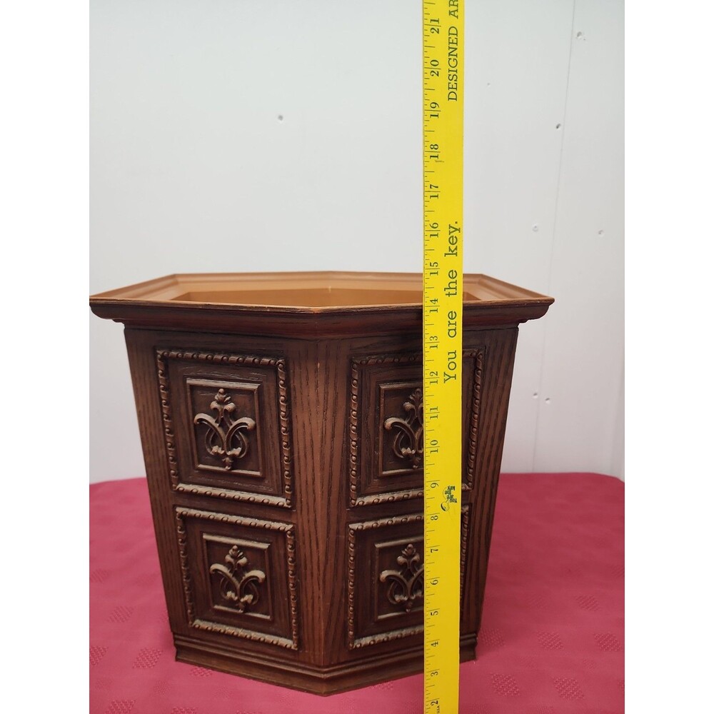 VTG Max Klein FauxWood Hexagonal Wastebasket Raised Relief 1970s 14" Made In USA - Picture 2 of 16